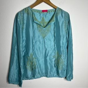 Matta Silk Blue Blouse Embroidery Top Sz S